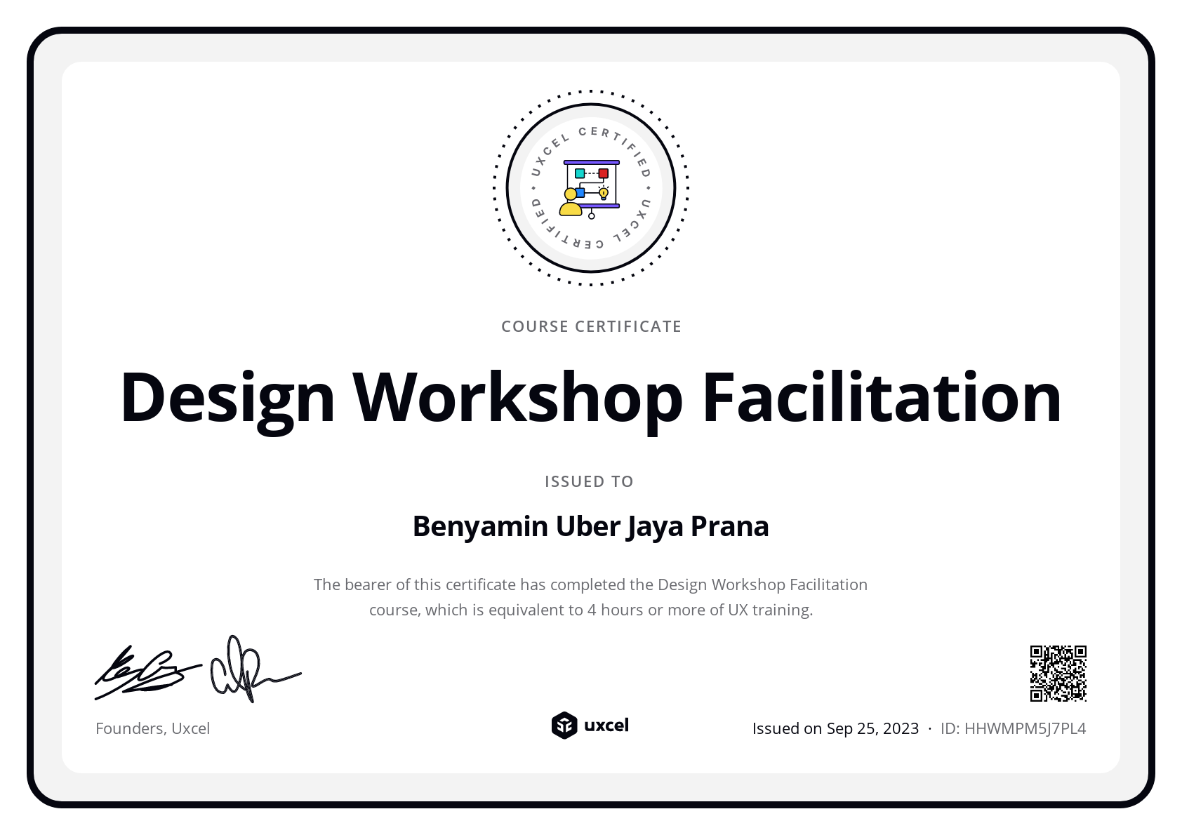 Benyamin Uber Jaya Prana's certificate